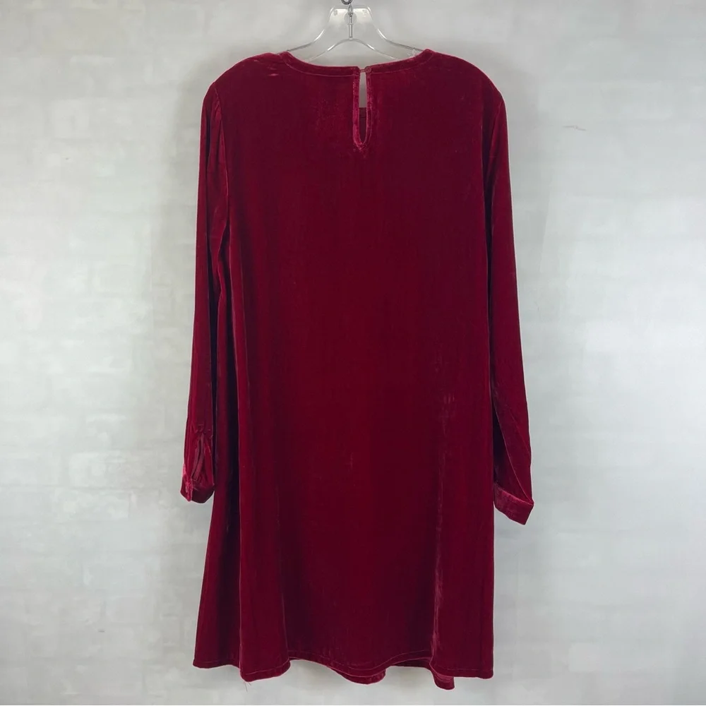Eileen Fisher Velvet Shift Dress‎ Red Long Sleeve Keyhole Back Silk XXS NEW